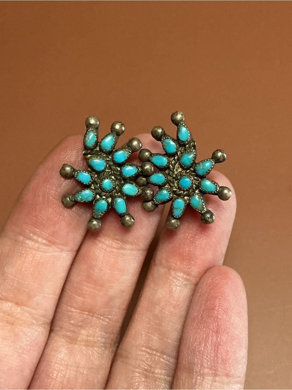 Vintage Sterling & Turquoise Starburst Cluster Earrings